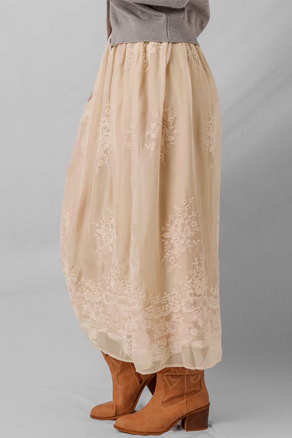 Embroidered Mesh Overlay Flowy Maxi Skirt - eAura