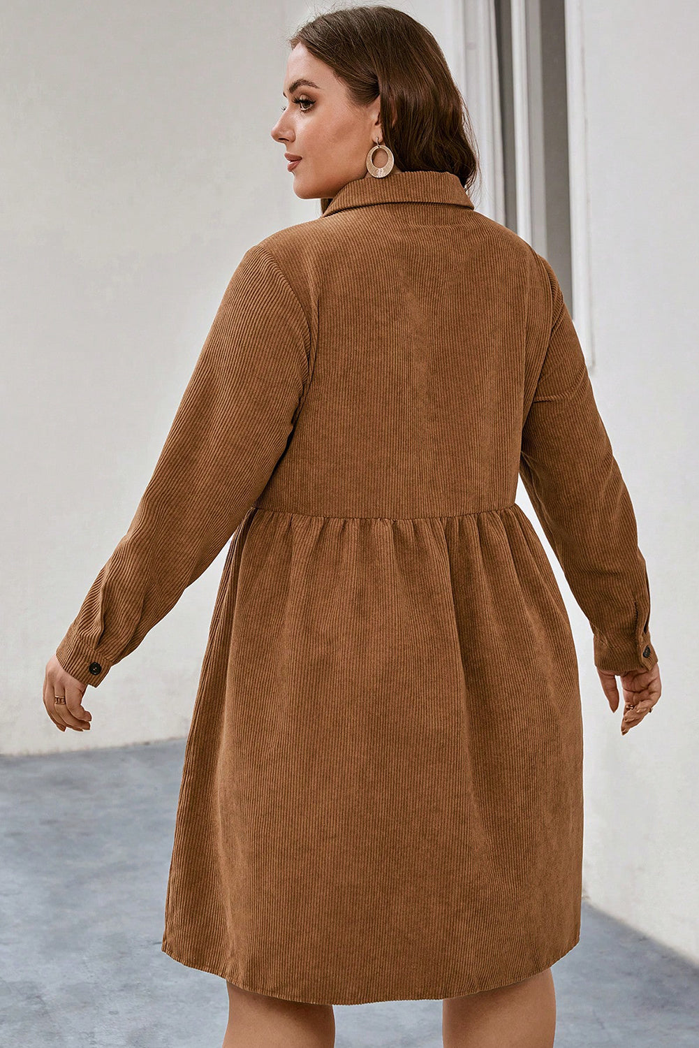 Soft Corduroy Full Buttoned Collared Shirt Dress Plus Size - eAura