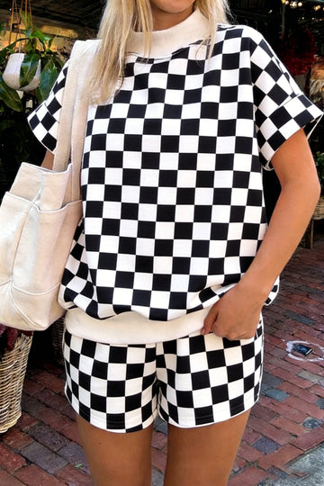 Checkered Print Color Block Trim Mock Neck Short Set – Black
