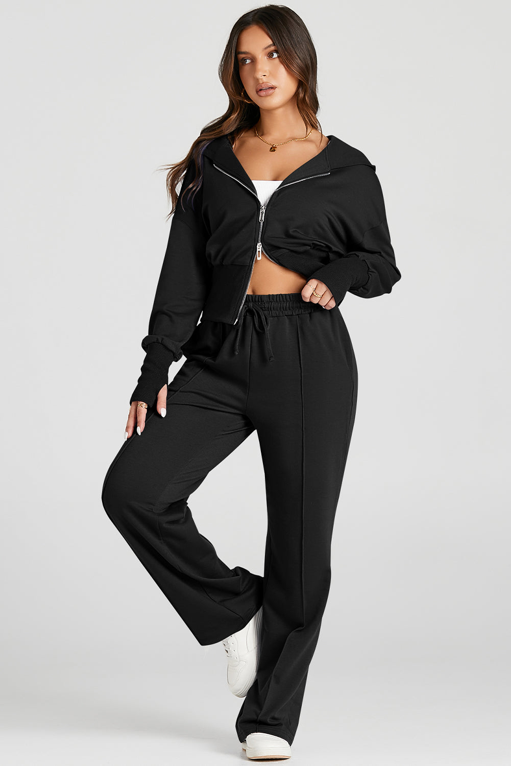Black Double Zipper Hooded Jacket and Sweatpants Active Set Dear-Lover Dropshipping
