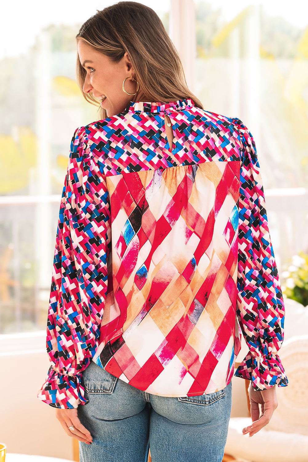 Rose Red Abstract Geometric Pattern Patchwork Puff Sleeve Blouse eAura