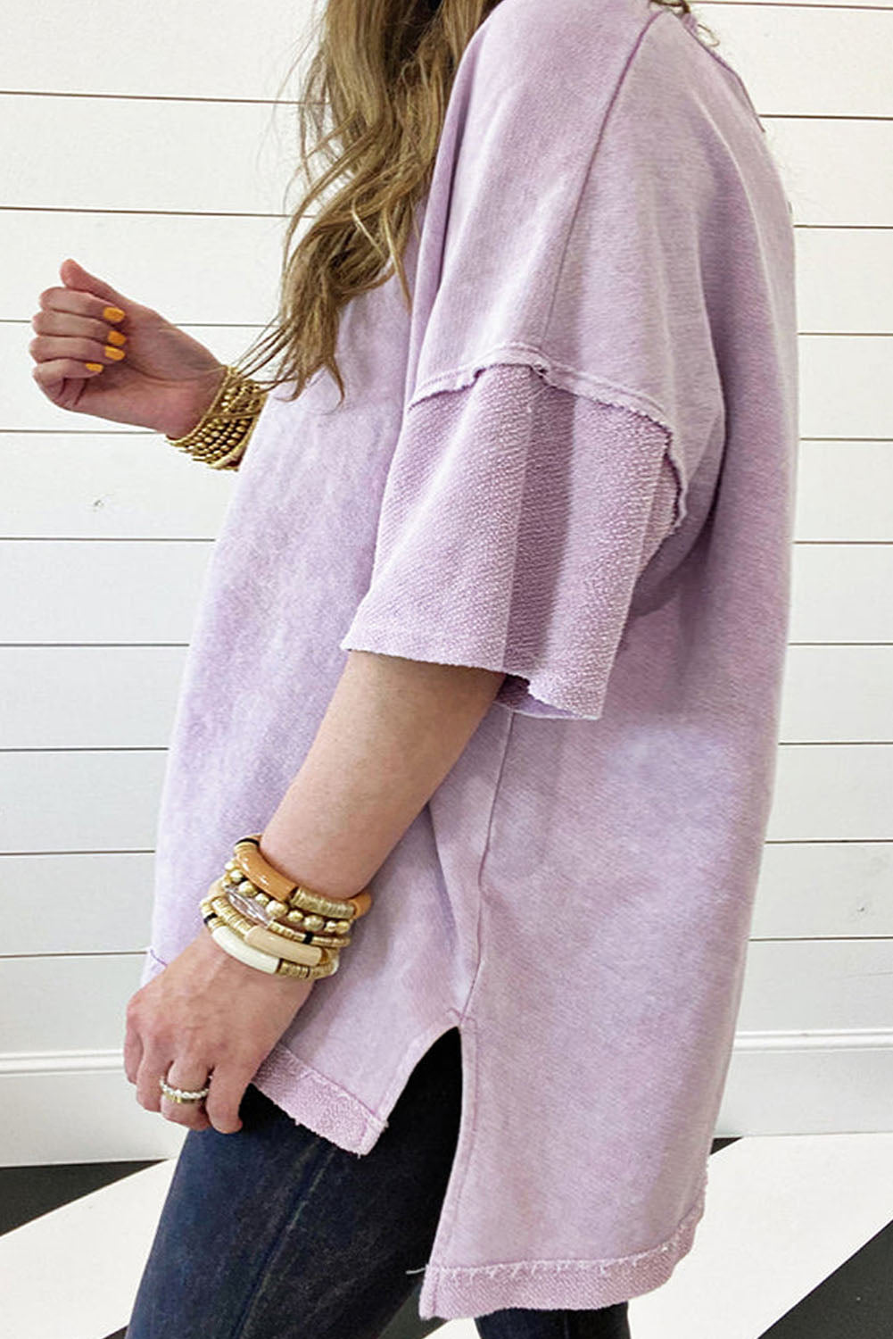 Strawberry Pink Mineral Wash Drop Sleeve Patchwork Plus Tee BB Fashion Outlet