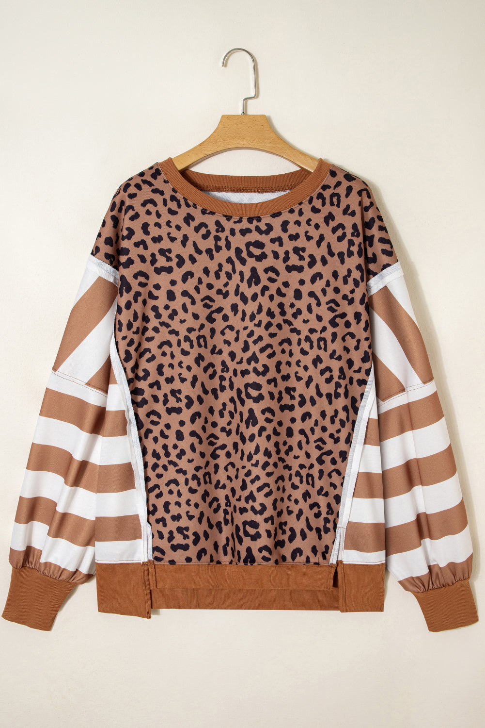 Brown Leopard Striped Patchwork Plus Size Loose Sweatshirt - eAura