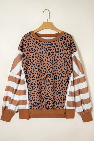 Brown Leopard Striped Patchwork Plus Size Loose Sweatshirt - eAura