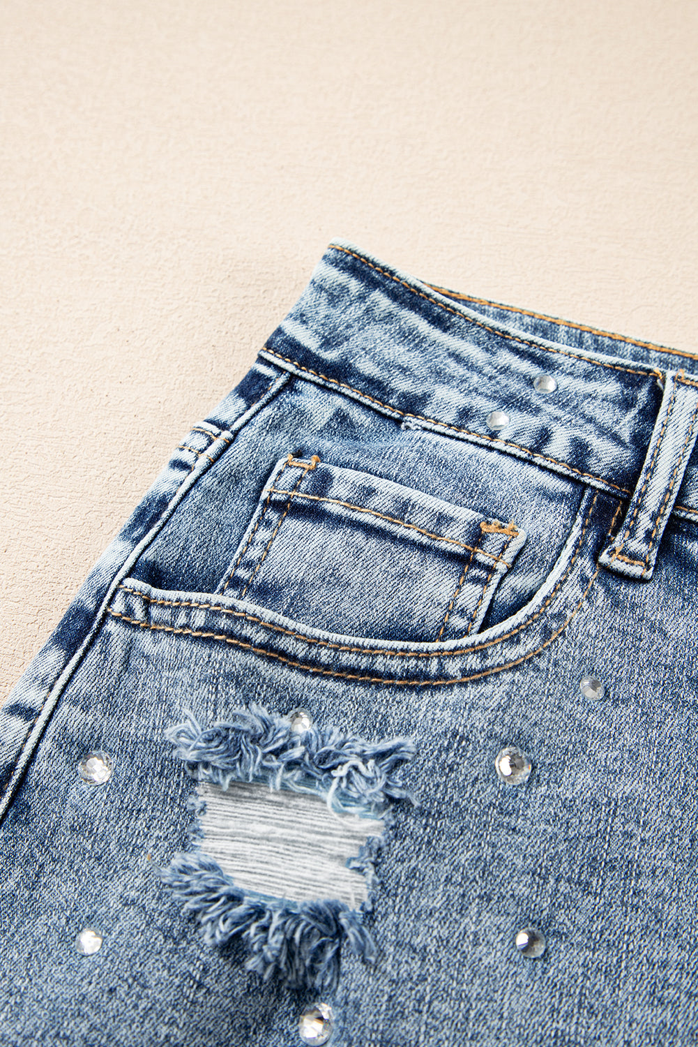 Dusk Blue Rhinestone Distressed Denim High Waist Mini Skirt eAura