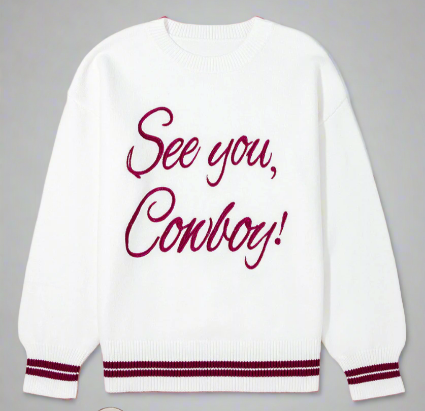 White See You Cowboy Embroidered Western Graphic Sweater eAura