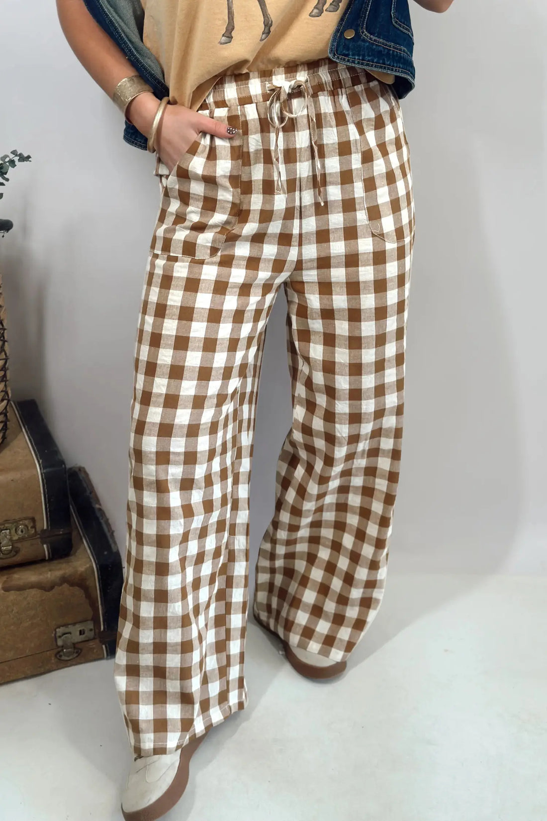 Gingham Plaid Tie Elastic Waist Shift Pants – Brown