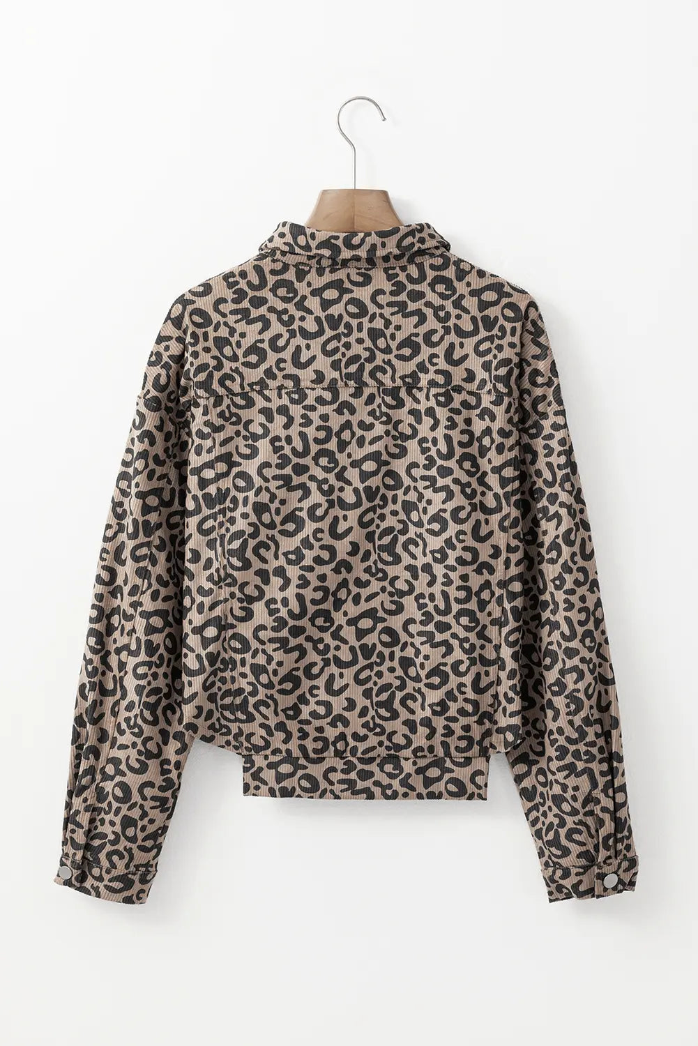 Dark Khaki Leopard Print Ribbed Irregular Hem Buttoned Jacket