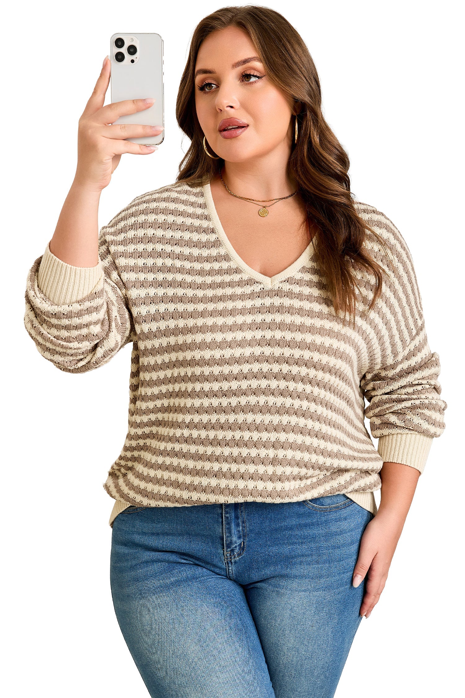 Stripe Plus Size V-Neck Drop Shoulder Sweater - eAura