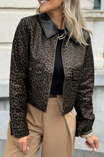 Leopard Print Colourblock Collar Metal Placket Jacket – Multicolour