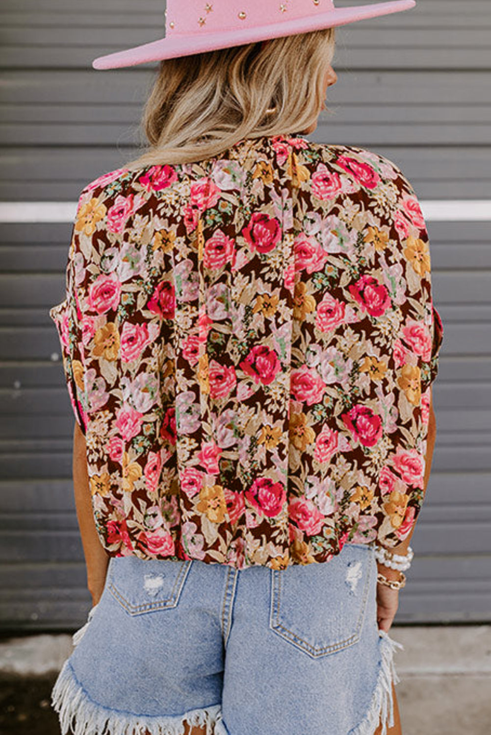 Pink Floral Print Crew Neck Short Sleeve Shift Blouse eAura