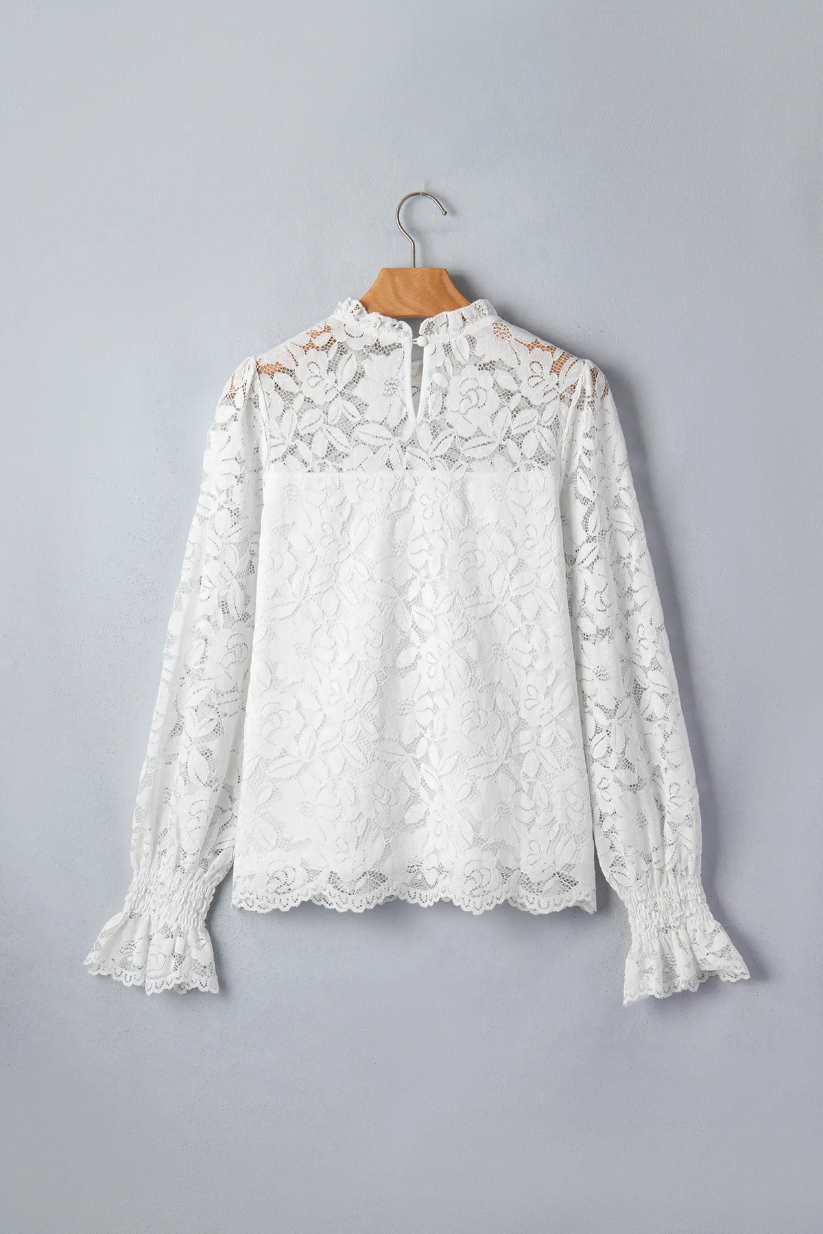 Ruffled Round Neck Long Flounce Sleeve Sheer Lace Blouse – White