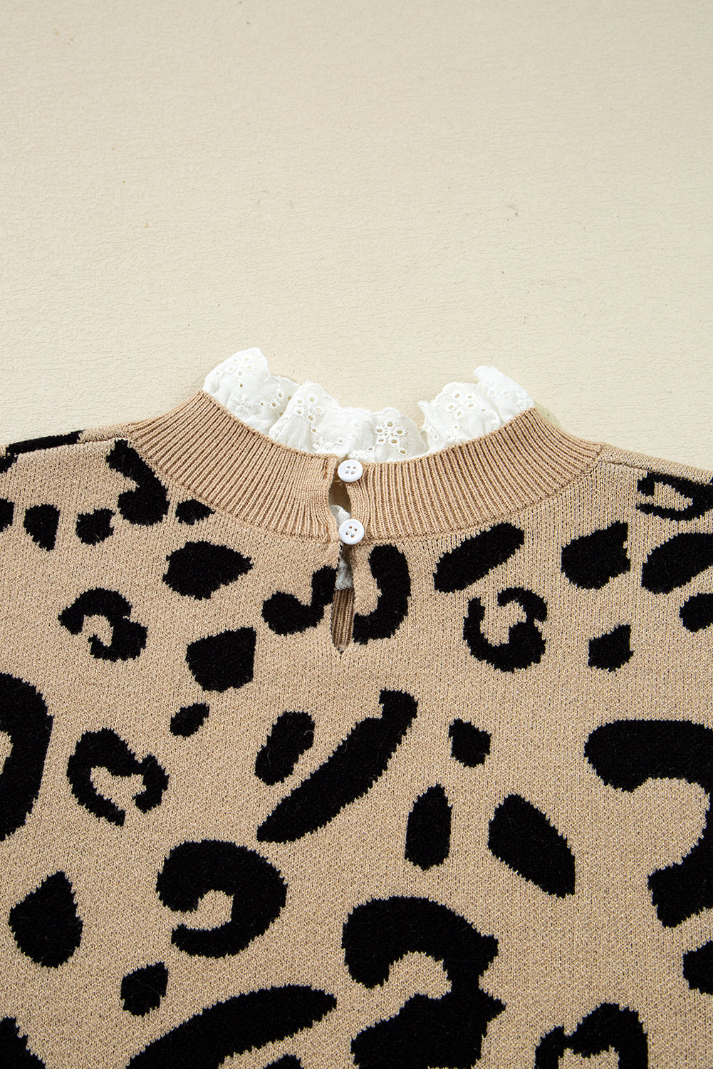Brown Leopard Pattern Lace Ribbed Detail Button Cuffed Sweater eAura