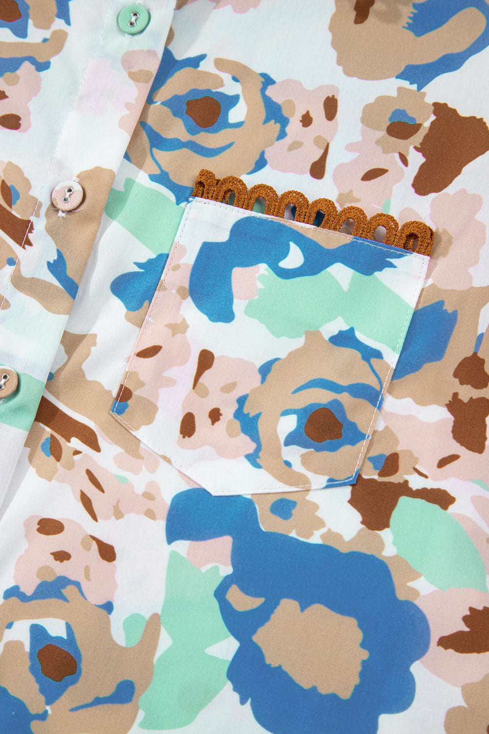 Multicolour Floral Print Ricrac Trim Collared Puff Short Sleeve Shirt eAura