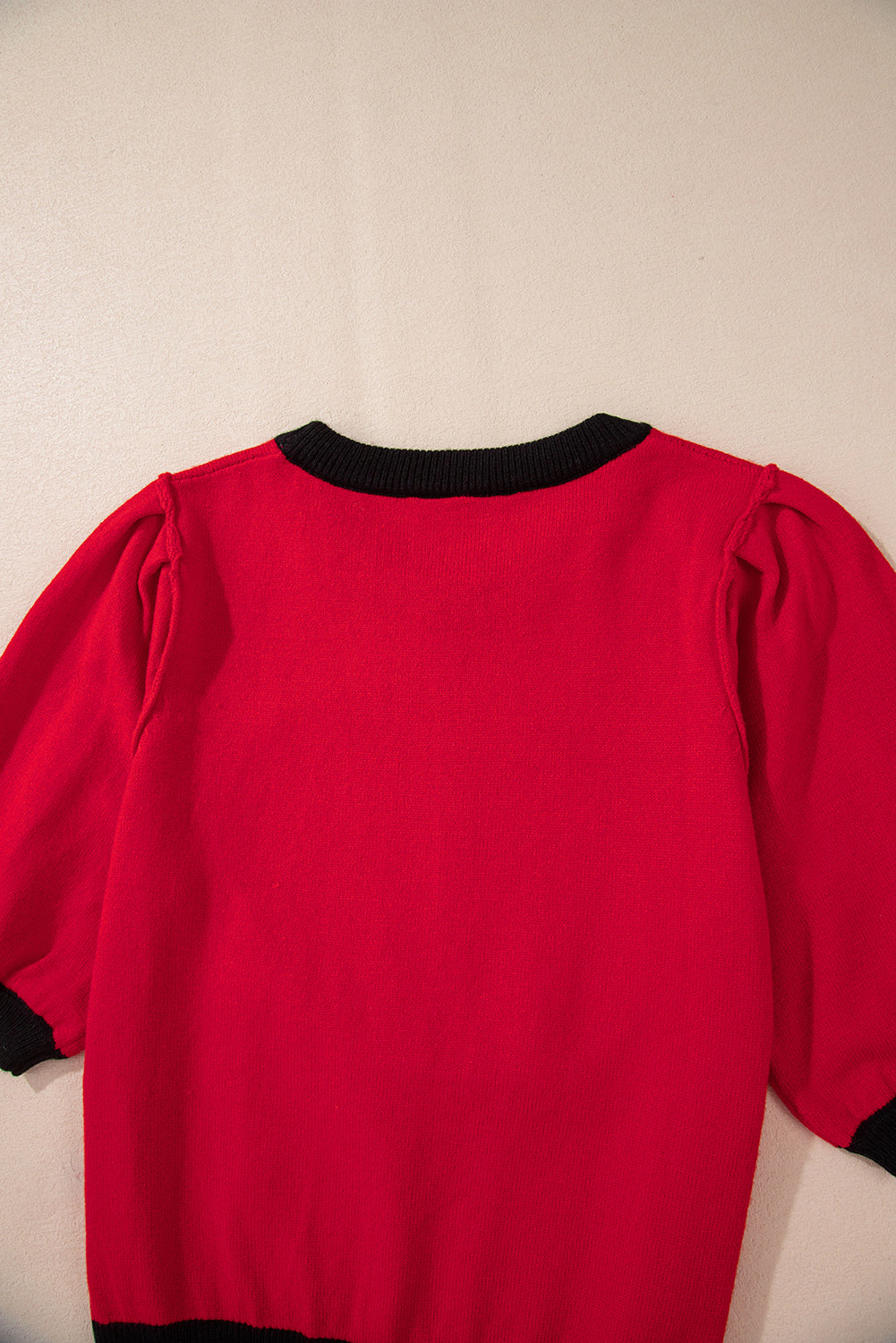 Red Sequin Rugby Colour Block Puff Short Sleeve Sweater eAura