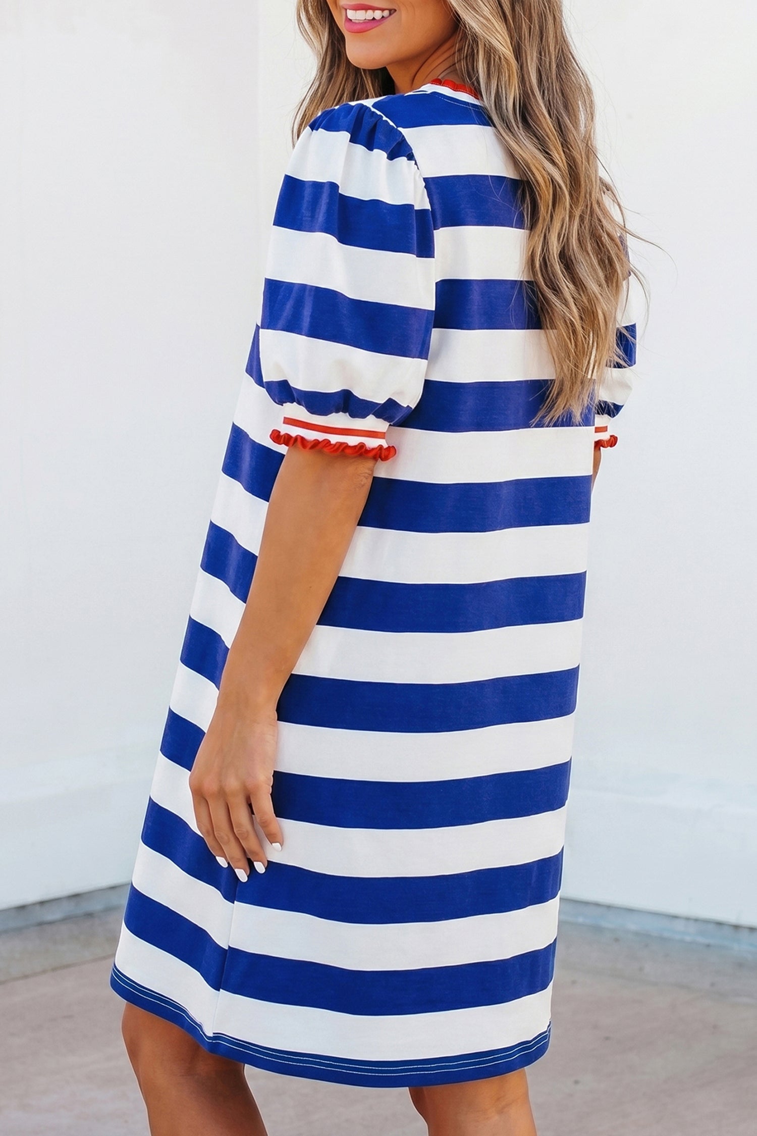 Stripe Contrast Trim Round Neck Short Puff Sleeve Shift Mini Dress