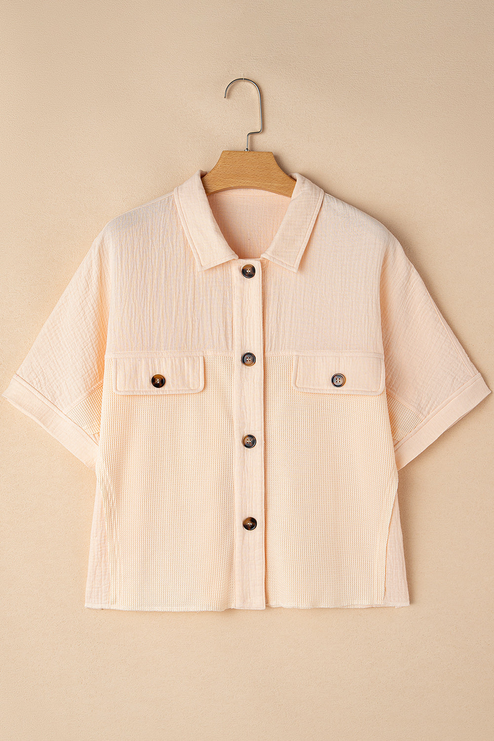 Beige Waffle Short Batwing Sleeve Flap Detail Wide Shirt eAura