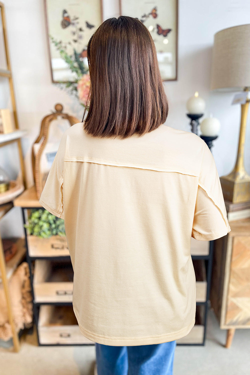 Apricot Flower Patched Exposed Stitching Trim Crew Neck Loose Tee eAura