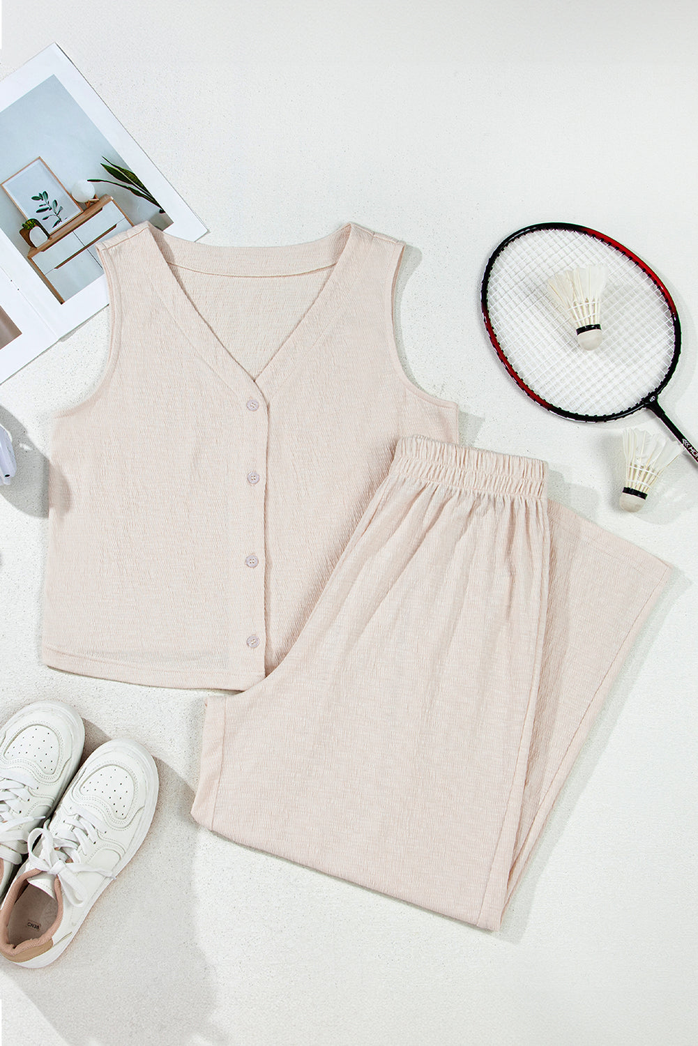 Apricot Buttoned V Neck Tank Top and Wide Leg Trousers Casual Outfit eAura
