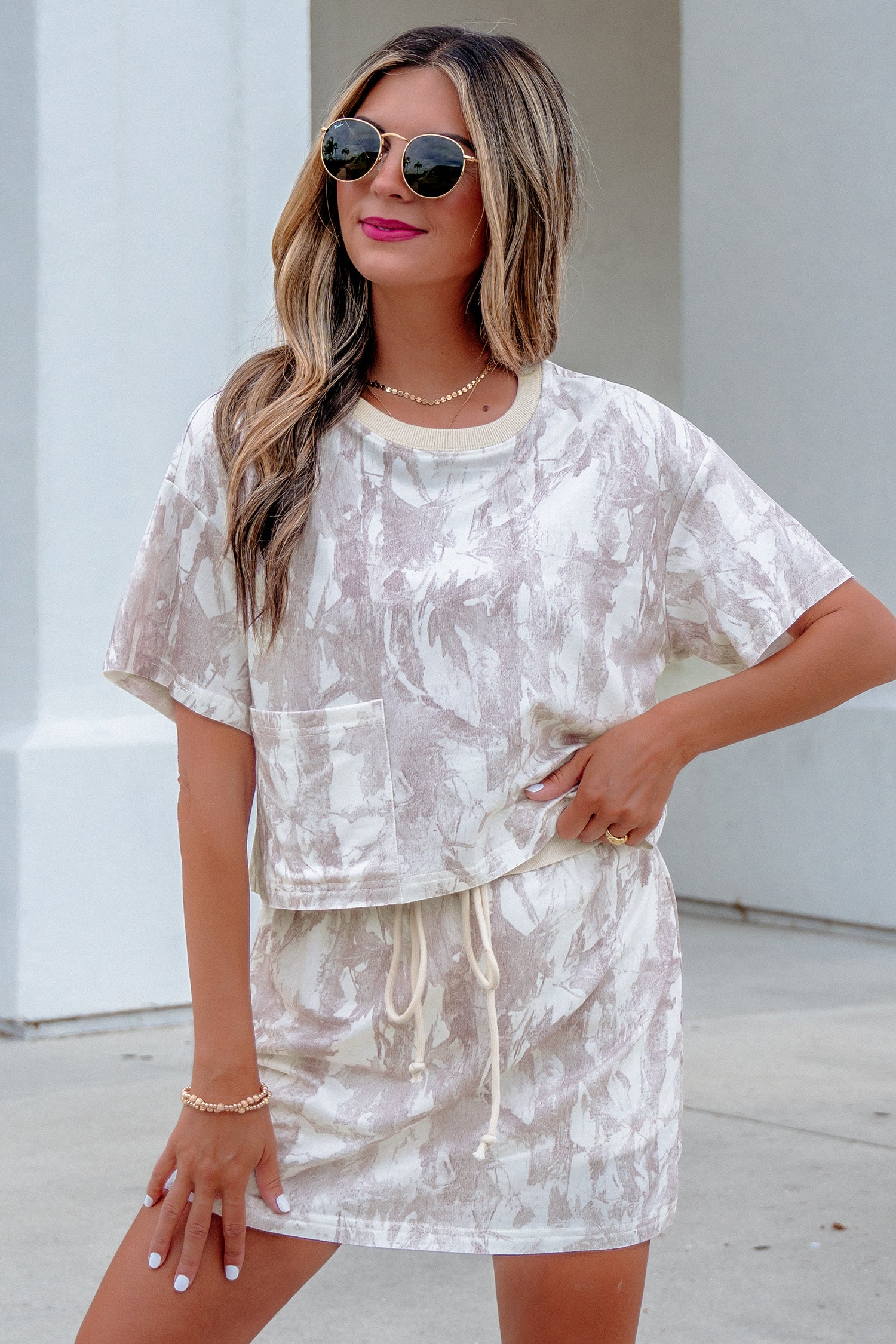 Gray Woodland Camo Print Raw Edge Cropped Top & Skirt Set