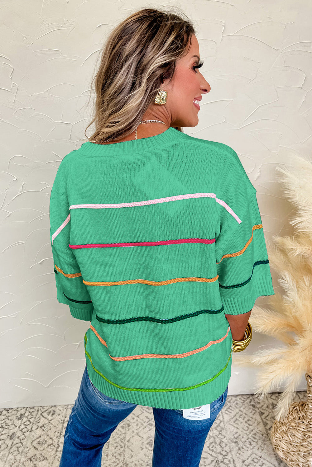 Striped Half Sleeve Drop Shoulder Sweater eAura