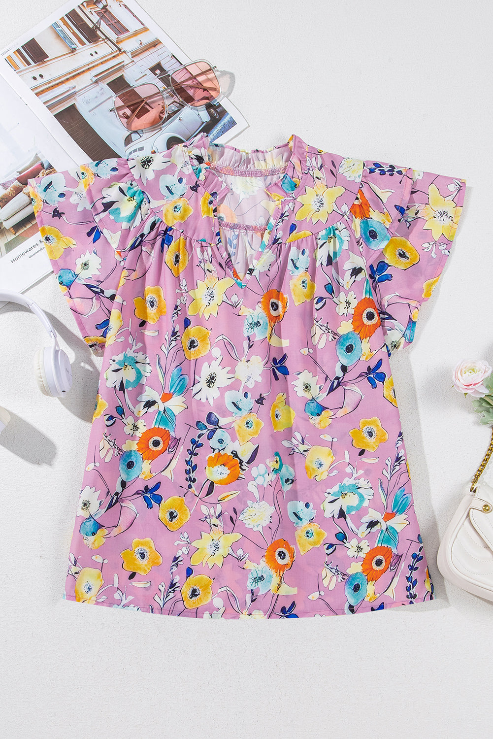 Pink Flutter Sleeve V Neck Floral Top eAura