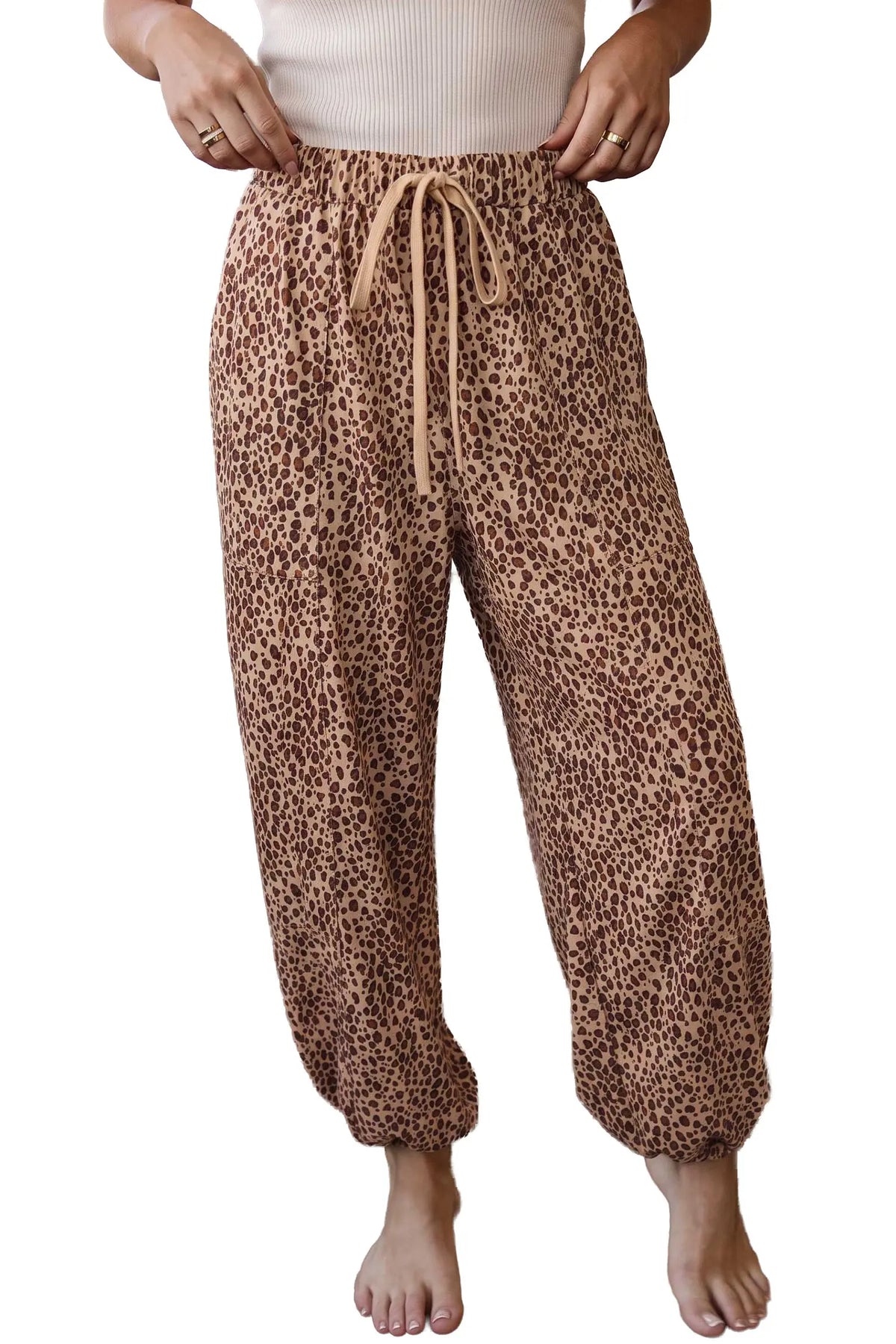 Leopard Print Drawstring Waist Patch Pockets Pants – Khaki
