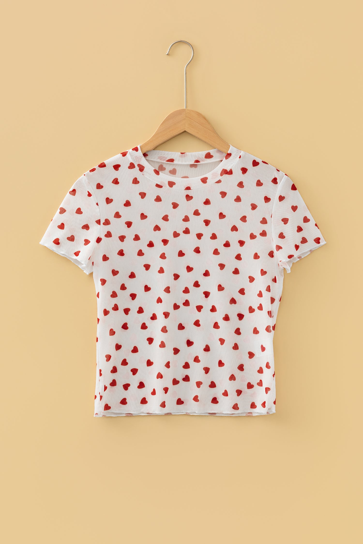 Allover Heart Print Mesh Short Sleeve Top