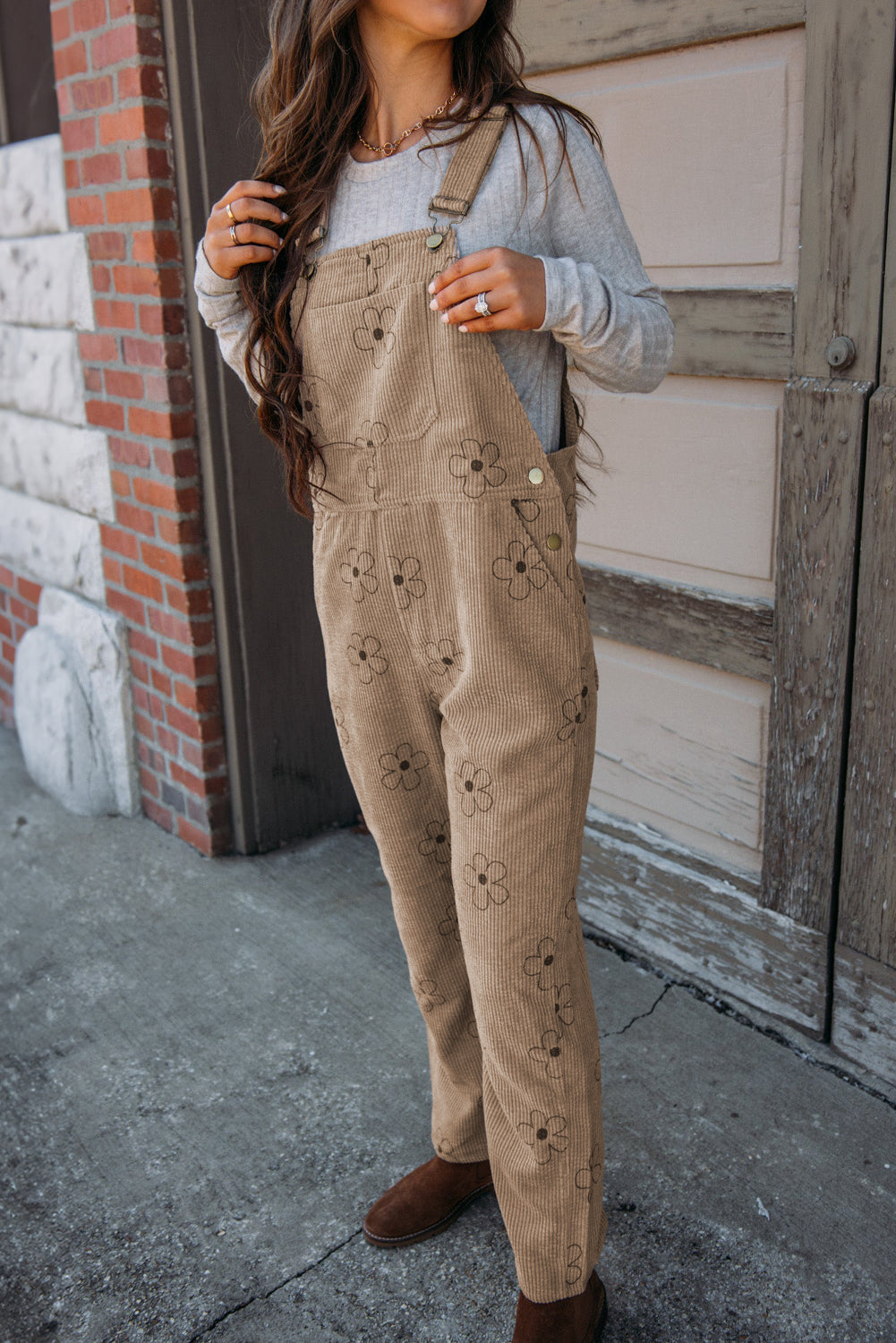 Khaki Flower Print Corduroy Overalls eAura
