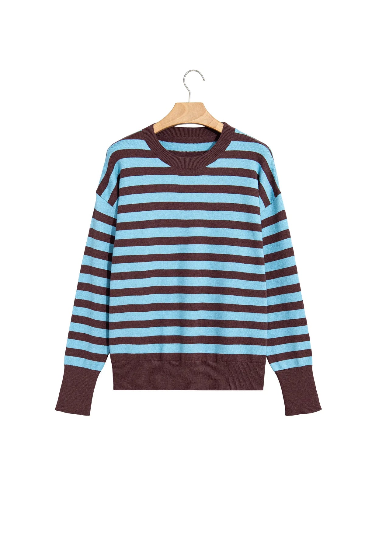 Colour Block Loose Crew Neck Cuffed Sweater – Brown Stripe