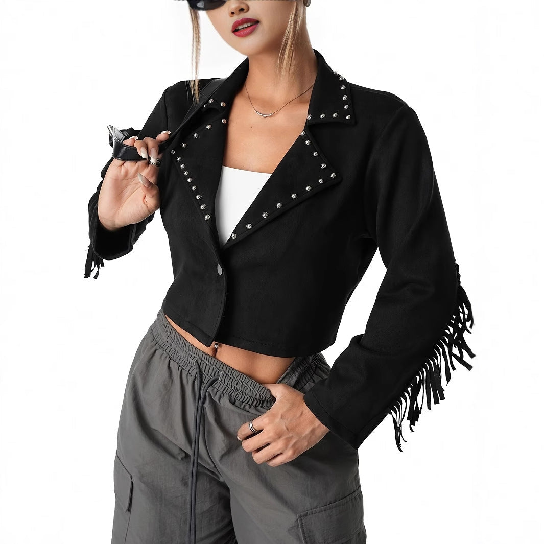 Western Denim Style Suede Fringe Imitation Rivet Women's Short Jacket Dropshipman