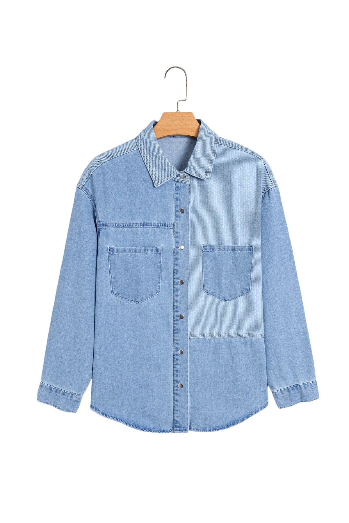 Lightweight Denim Striped Patchwork Button Down Shacket – Beau Blue