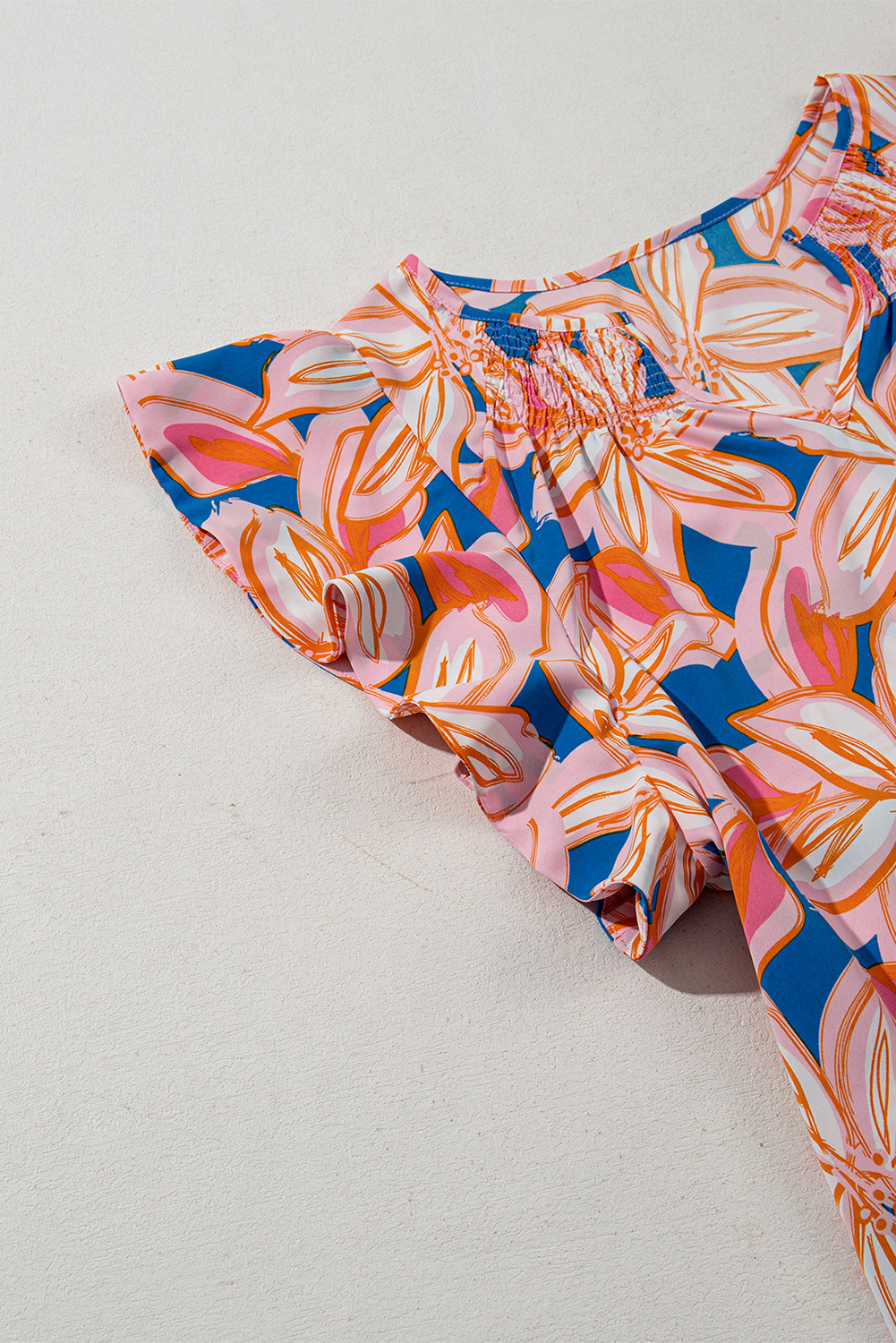 Orange Summer Flower Print Notched Neck Ruffle Sleeve Blouse eAura