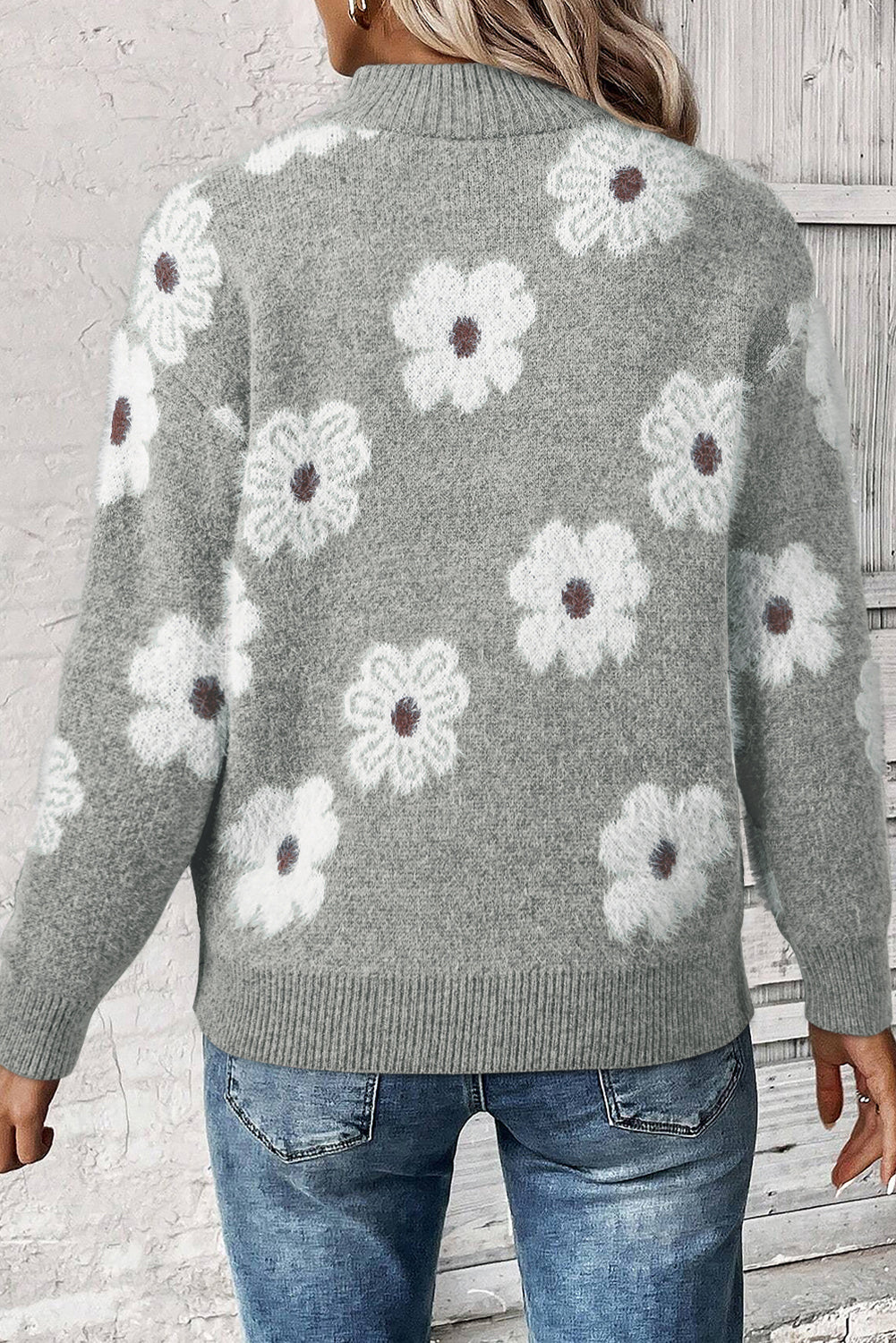 Grey Floral Pattern Half Zip Drop Shoulder Sweater eAura
