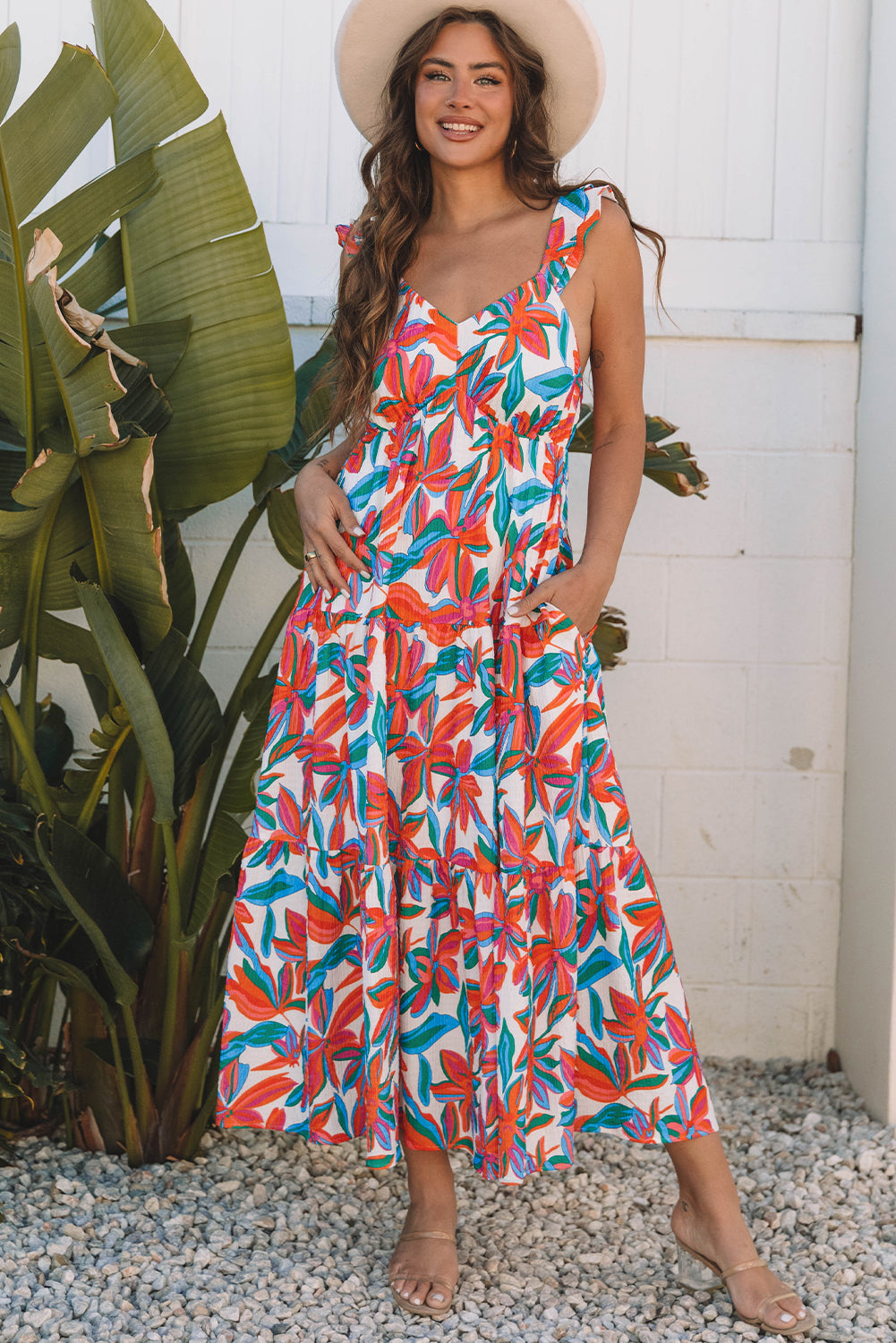 Red Boho Floral Ruffled Strap V Neck Maxi Dress eAura