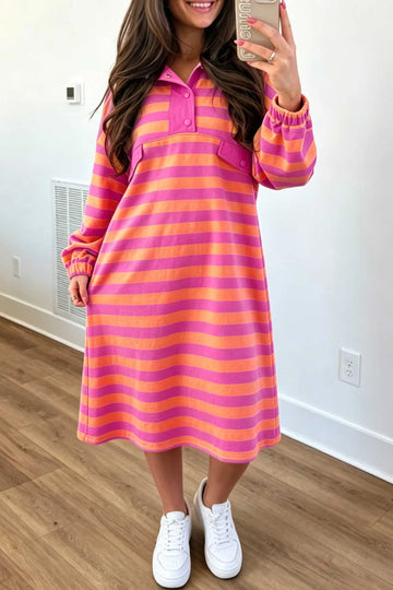 Midi dress Polo Neck Long Sleeve Stripe Dress