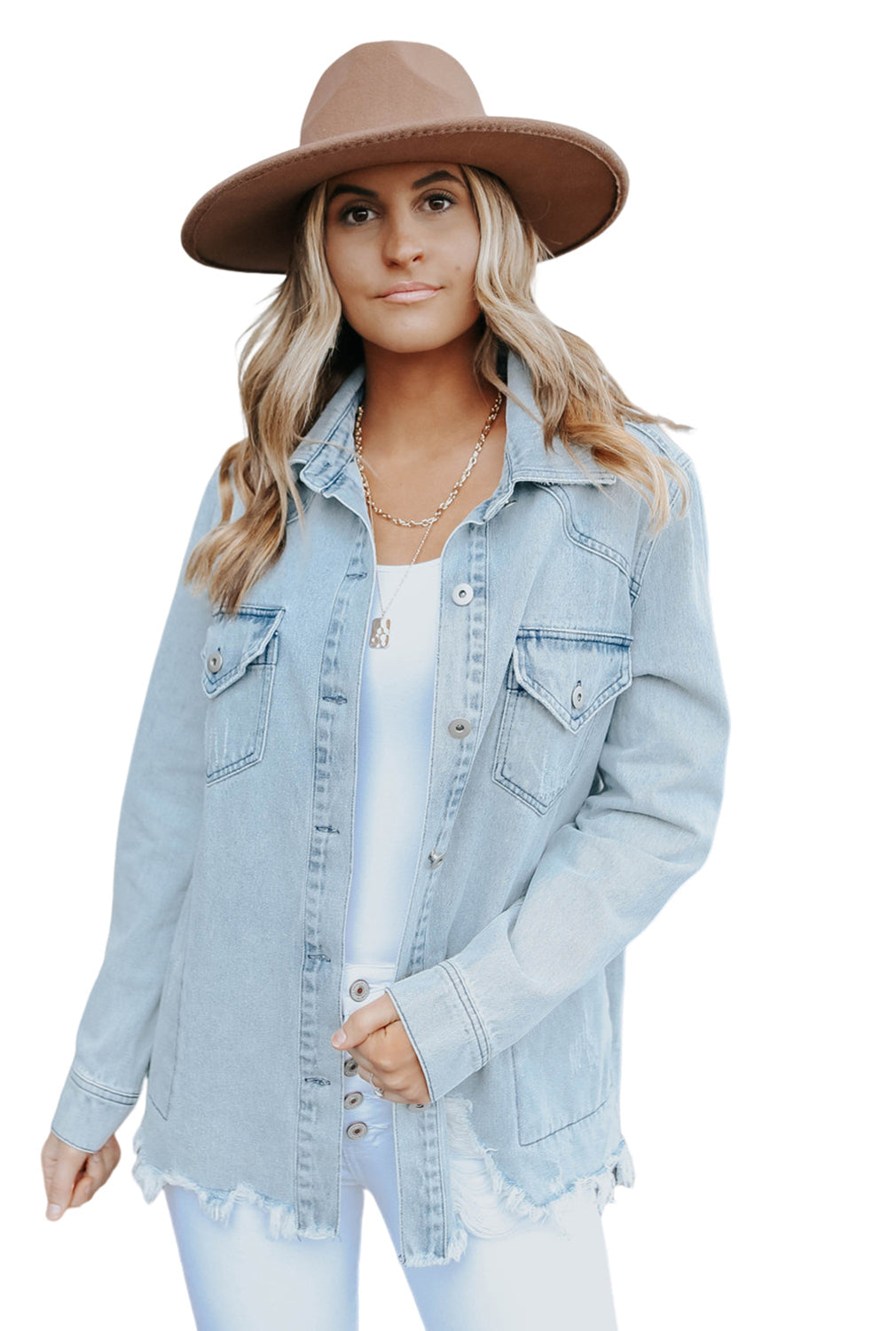 Sky Blue Flap Pocket Buttoned Raw Hem Denim Jacket eAura