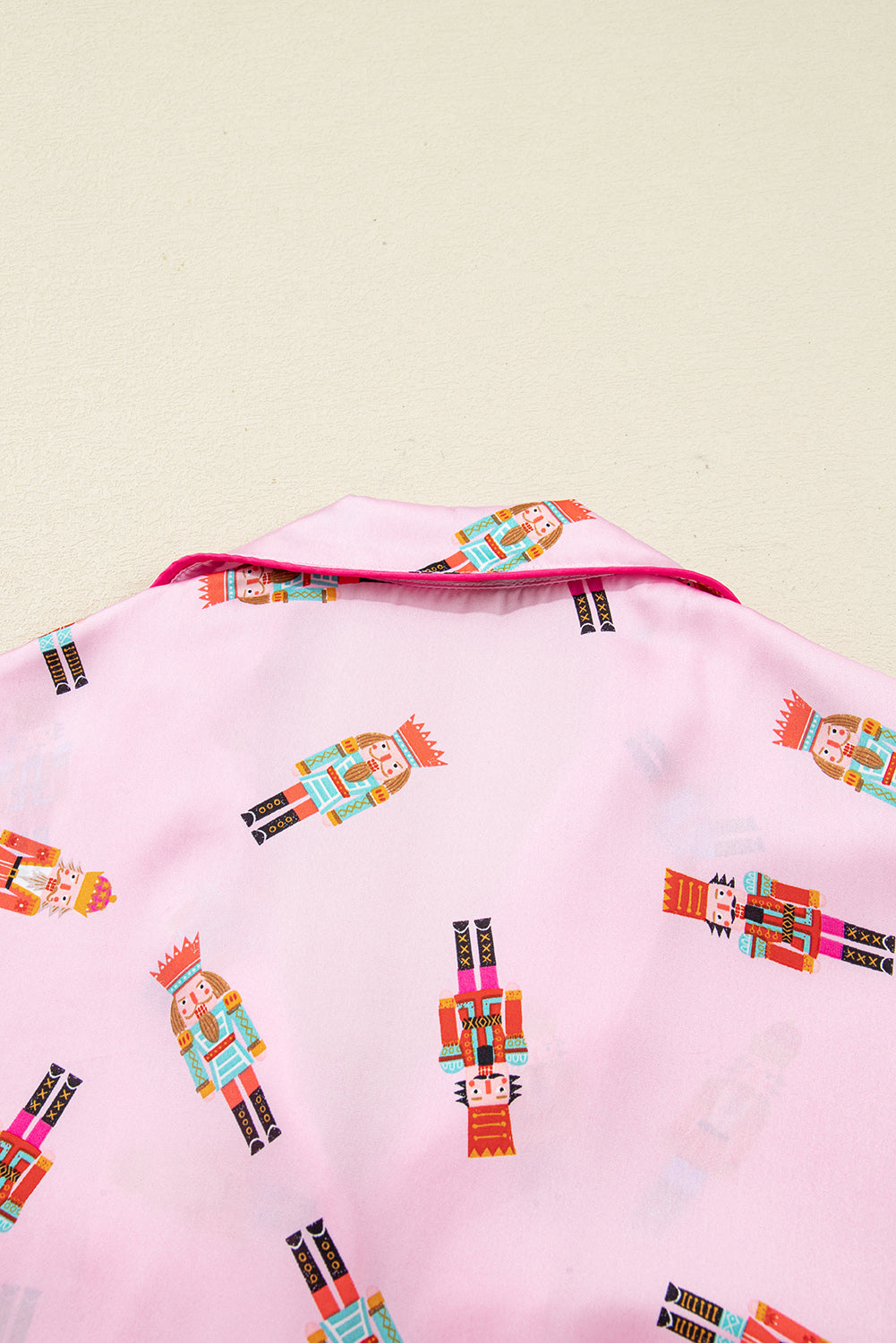 Nutcracker Print Contrast Trim Tied up Bow Silky 2pcs Pajama Set - eAura