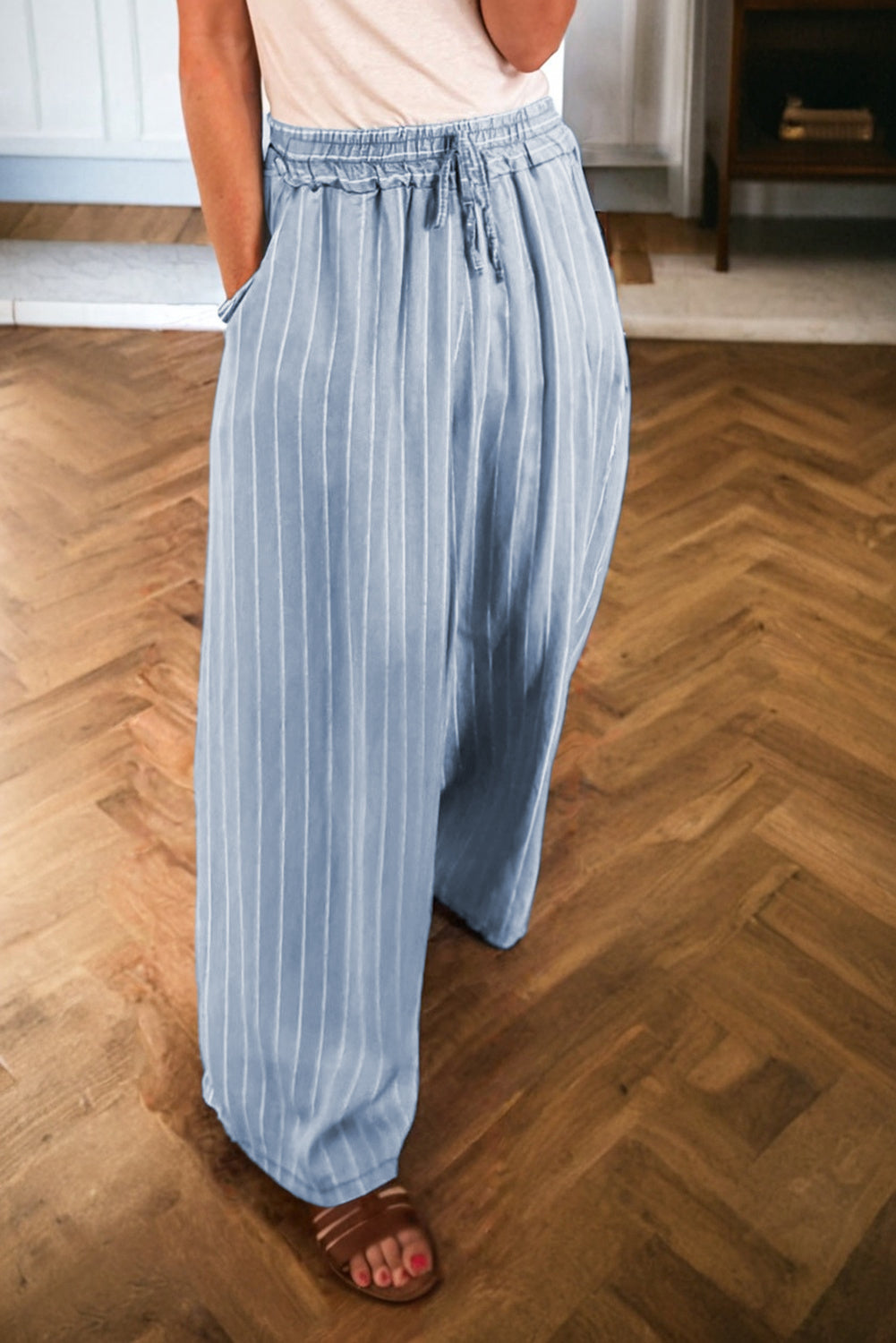 Stripe Chambray Wide Leg Tied Elastic Waist Trousers - eAura