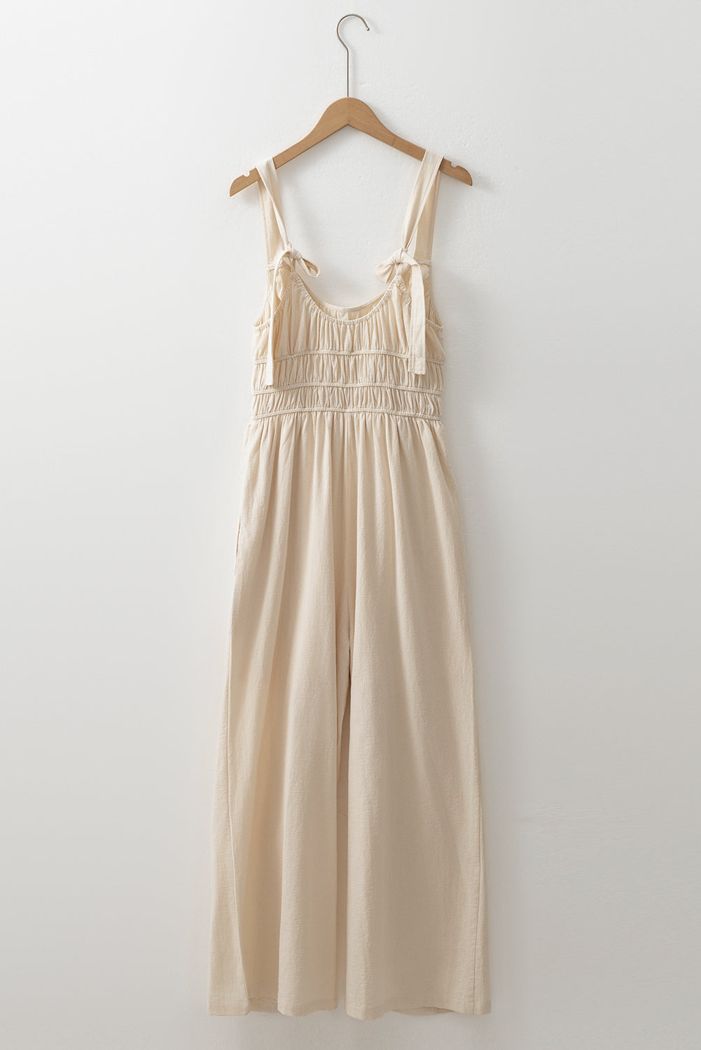 Beige Ruched High Waist Sleeveless Wide Leg Jumpsuit eAura