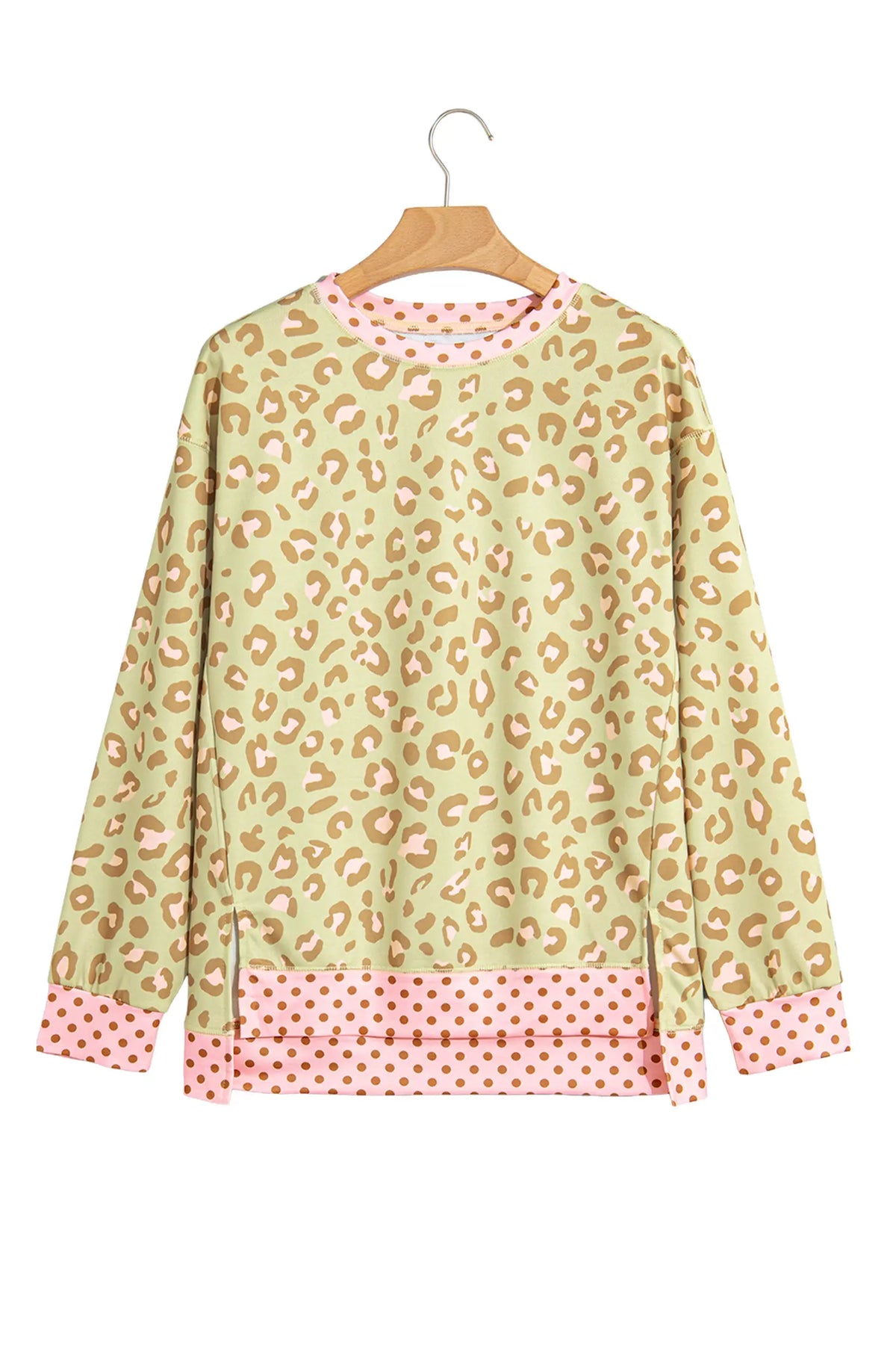 Leopard Polka Dot Colourblock Trim Long Sleeve Top – Khaki