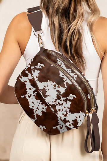 Cow Print Double Zip Crossbody Bag – Coffee