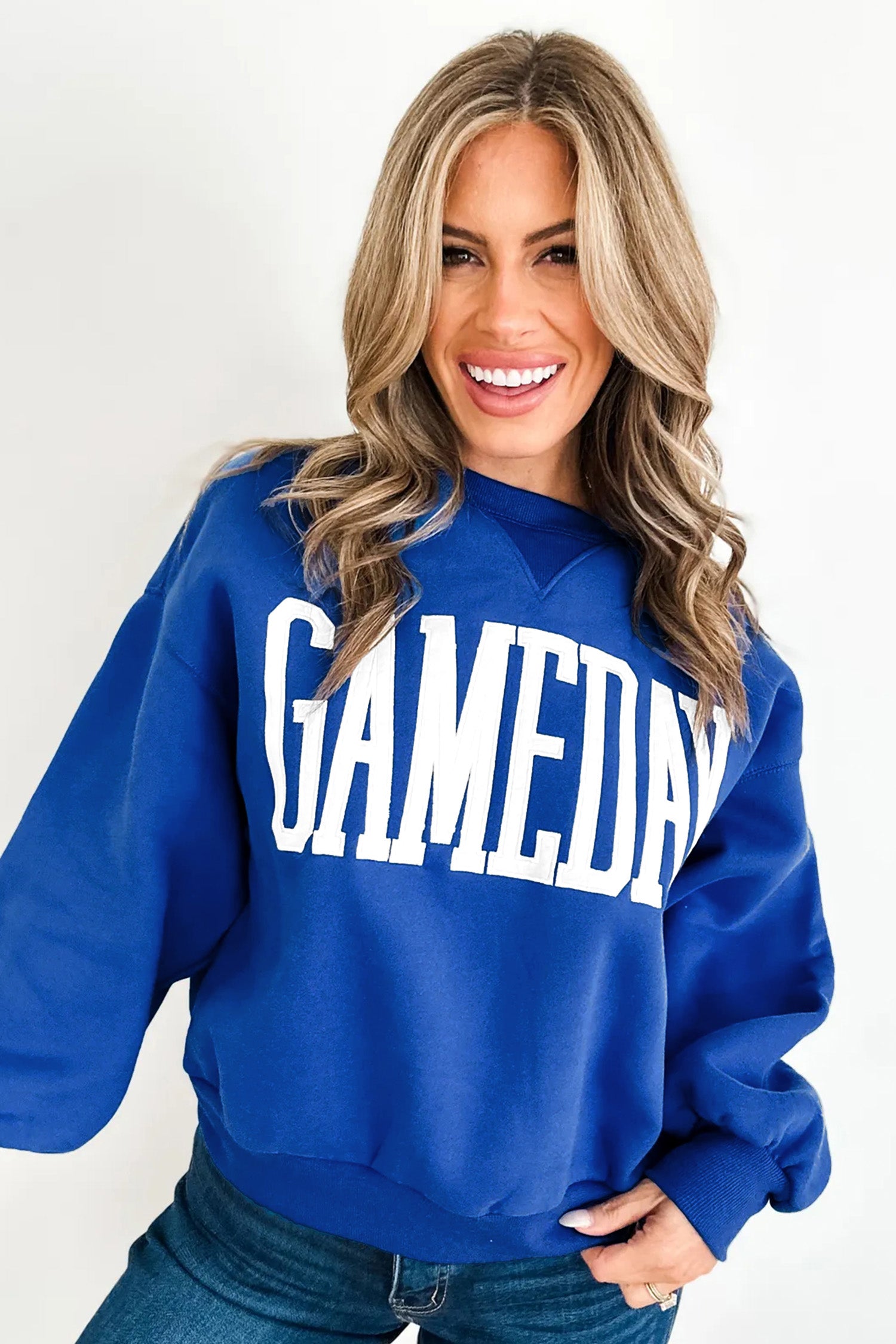 Sky Blue GAMEDAY Embroidered Patch Pattern Casual Shift Sweatshirt – Light Blue
