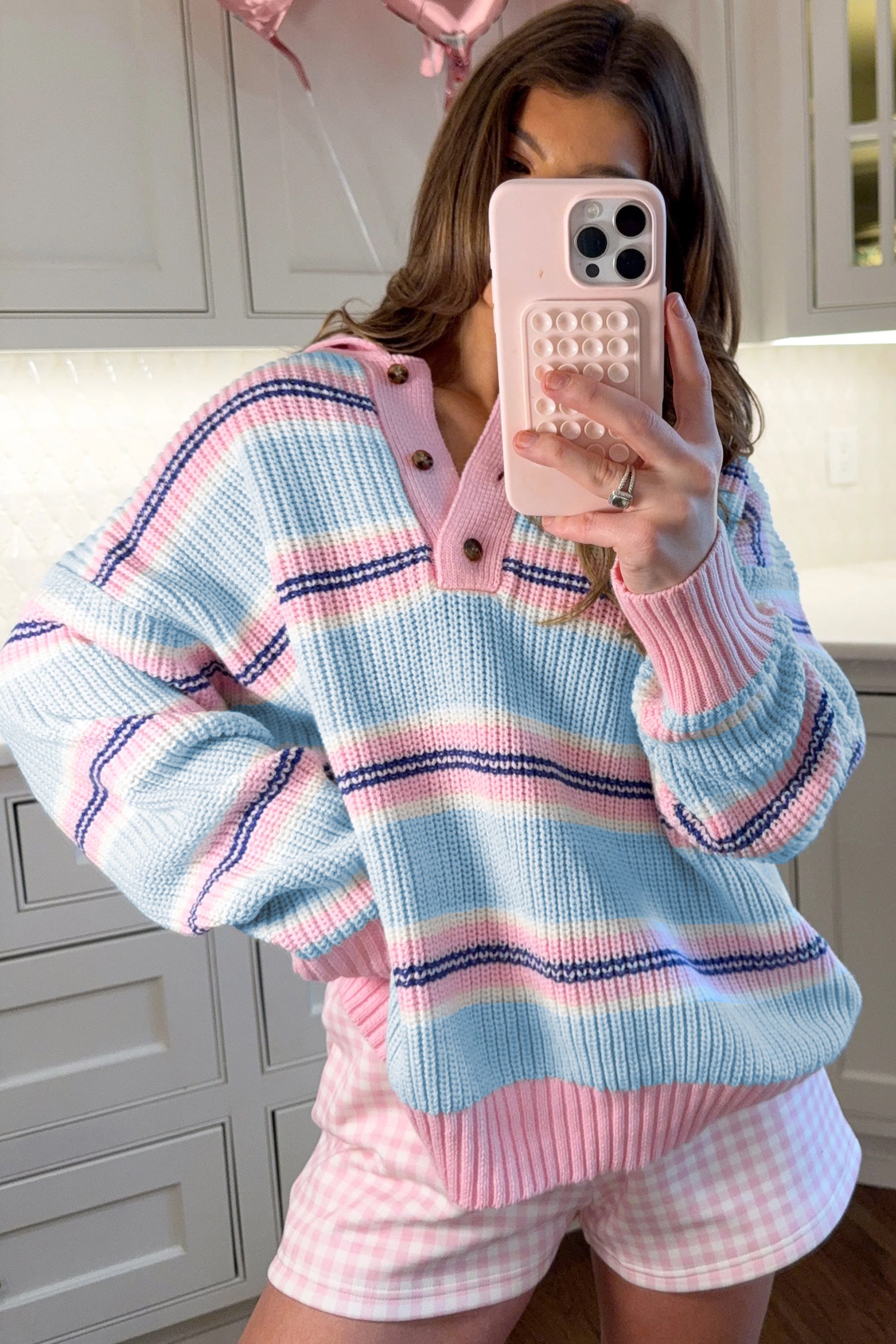 Striped Button Collar Long Sleeve Shift Fit Winter Knitwear Sweater – Sky Blue Stripe