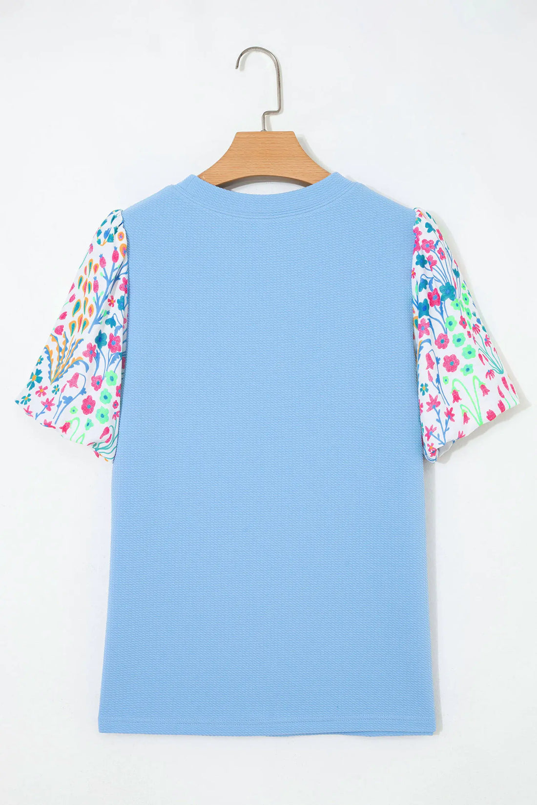Textured Bodice Contrast Floral Sleeve Plus Size Top – Light Blue