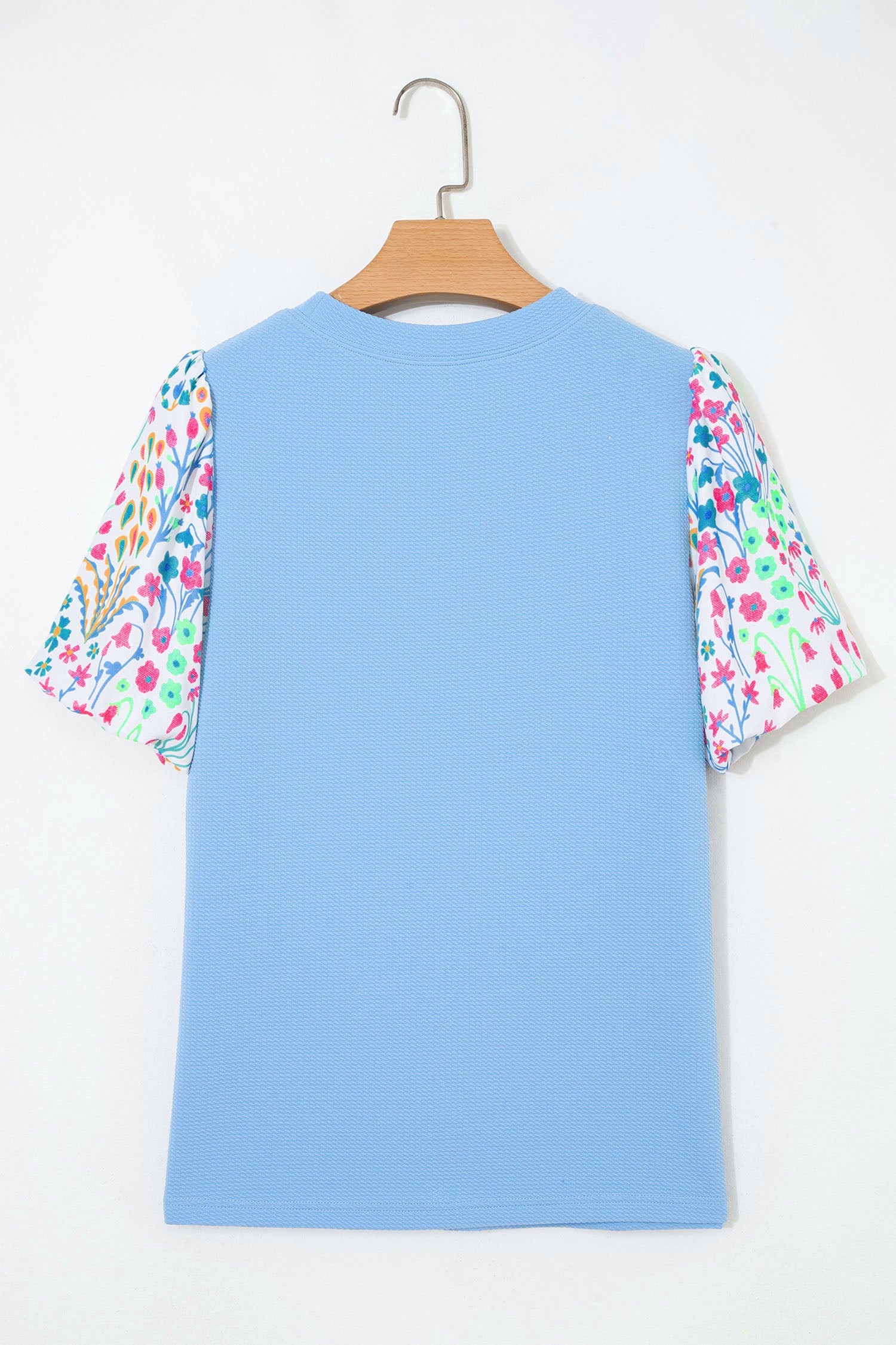 Textured Bodice Contrast Floral Sleeve Plus Size Top – Light Blue