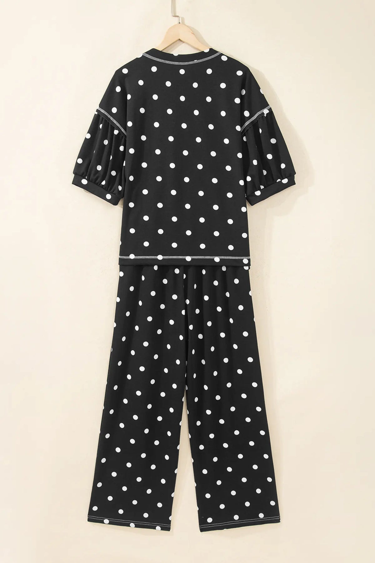 Polka Dot Half Sleeve Loose Top Elastic Waist Casual Pants Set – Beige