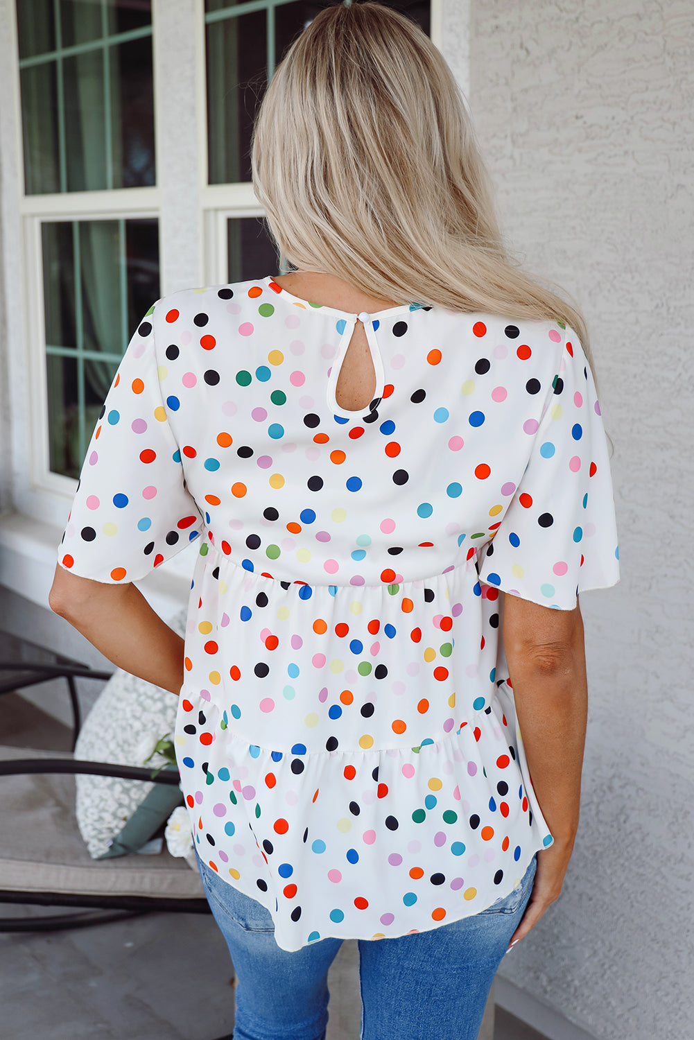 White Colourful Polka Dot Short Sleeve Tiered Ruffled Babydoll Blouse eAura