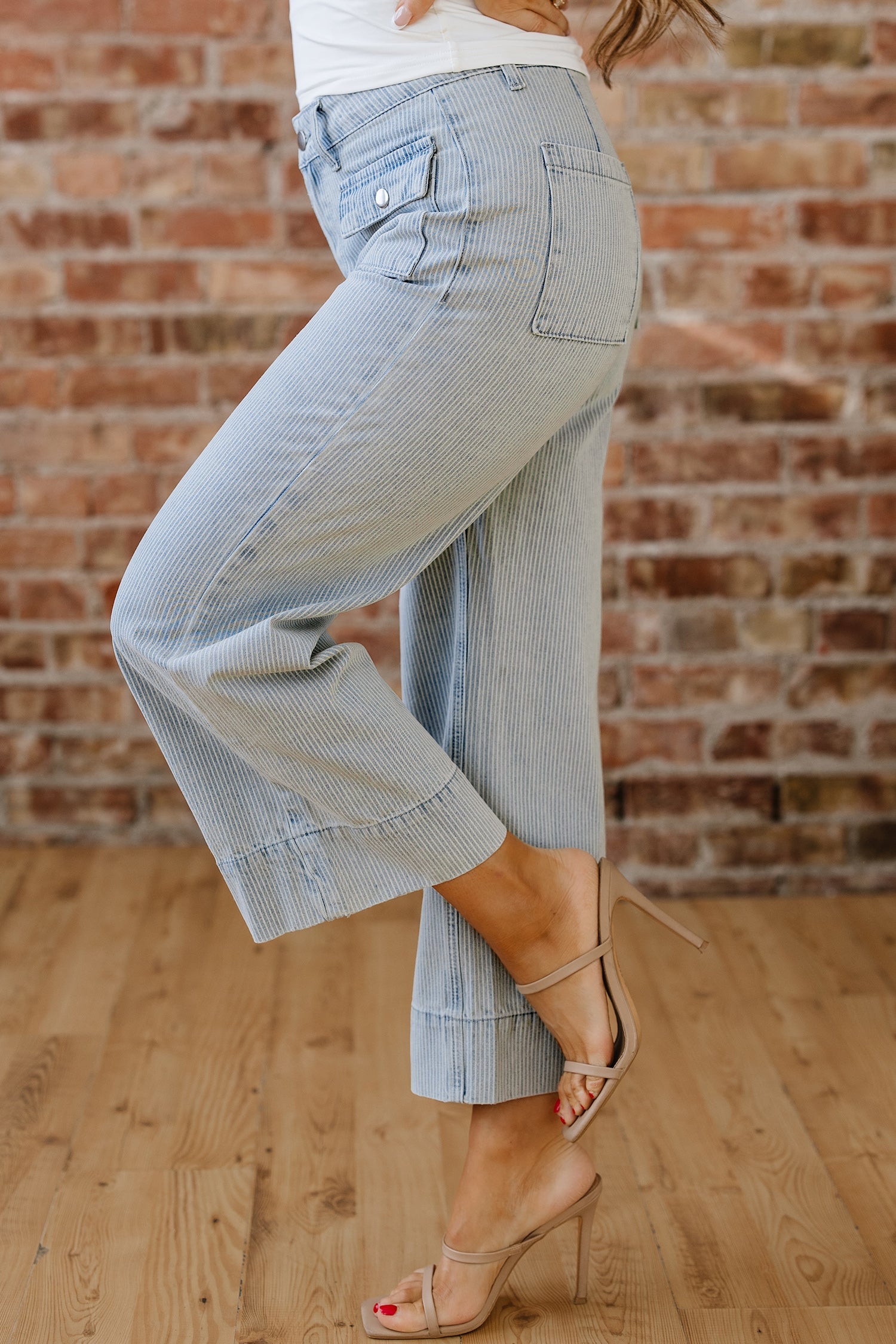 Stripe Button Flap Pocket Cuffed Hem Wide Leg Jeans - Bottoms/Jeans/WideLeg