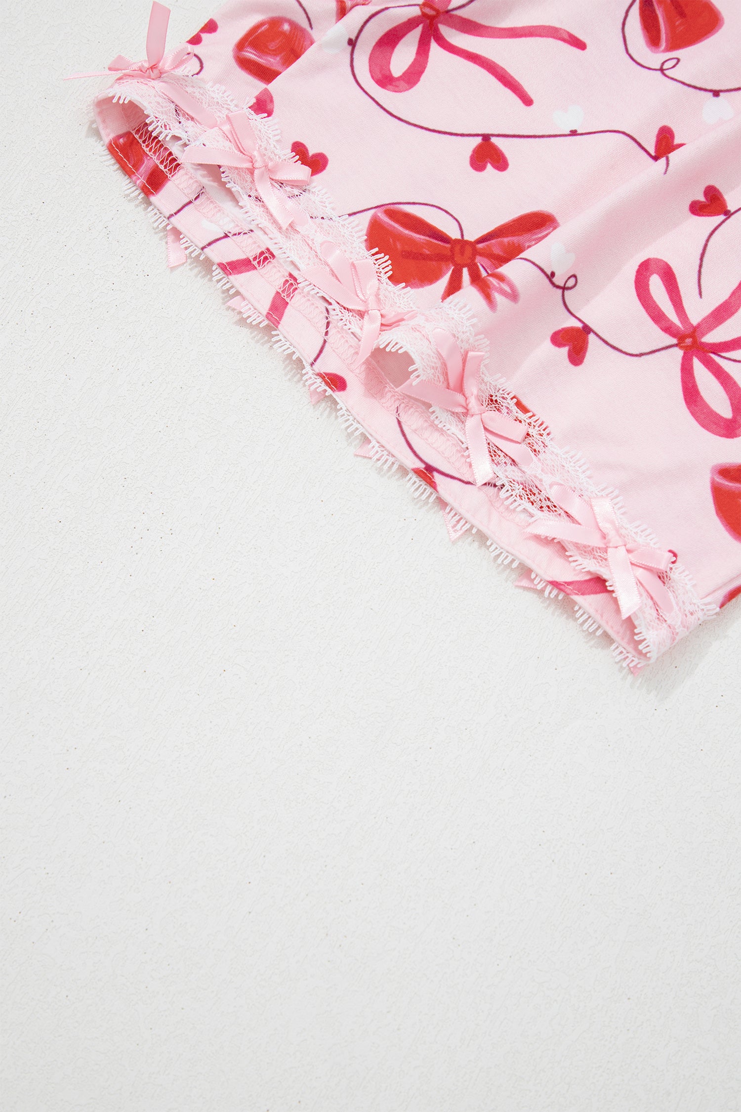 Romantic Bow Print Loose Tee Drawstring Shorts 2pcs Lounge Set – Red
